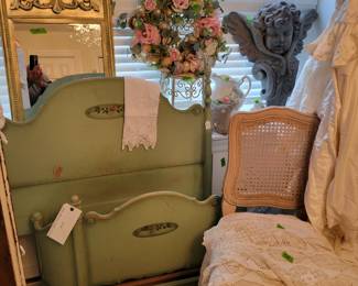vintage green , white child's bed. cherub. linen upholstered chairs, bar height chairs, 