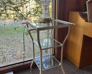 Antique Glass and Iron Table/Stand with Table Lamp atop