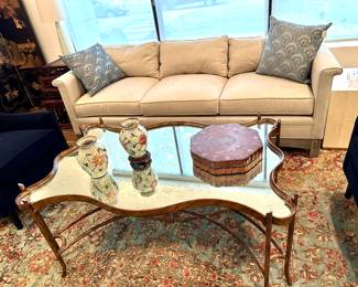 Stickley "Park Ridge" Sofa and Mirrored Top Brass/Metal Coffee Table 