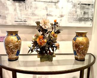 Pair of Satsuma Vases and Antique Jade Centerpiece