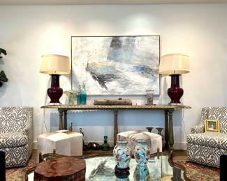 Large Contemporary Painting (Rachel Nash), Bleached Oak Console Table, Pair of Oversized Oxblood Lamps on Acrylic Bases