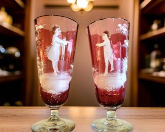 Pair of Antique Cranberry Bristol Glass hand painted Mary Gregory