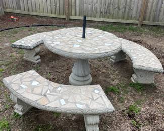 Concrete Patio Table and Benches w/stone inlay and umbrella. Table: 43" diam. 23"t  Bench: 52"w  16.5"d 16.5"t