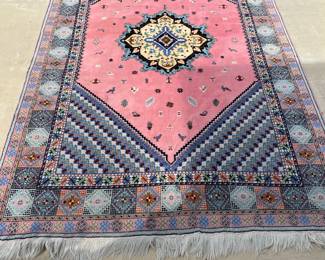 Moroccan Rug, Salmon and Blue with some damage.                120" L 78" W     $250.00