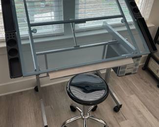 Drafting Desk w/stool chrome & tempered glass. 40.5"w 26"d 30"t      