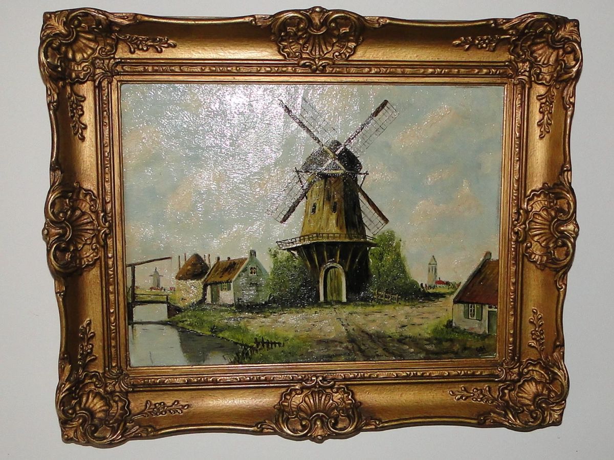 Antique Dutch German Windmill art by GSA