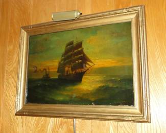 Sailing Ship with steamboat signed J. J. McAuliffe