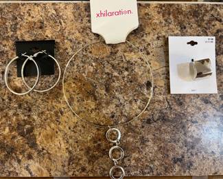 Costume jewellery. Hoops, choker necklace, and ring. 