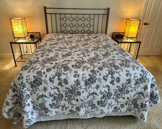 bedroom set. Metal headboard queen size, 2 night tables art deco. With bedding