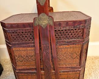 Chinese wedding basket Completed with brass cladding. Measures approx. 20 1/2" height x15 1/2" width x 10 1/4" depth (52cm x 39.4cm x 26cm). 20th century