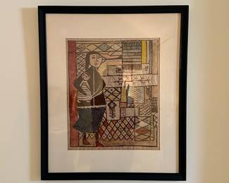 R Davis Artwork in Silver Metal Frame Matted Piece Woman with Baby on Parchment