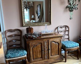 Gold framed mirror, Hickory Furn Co walnut buffet server with fold out top 