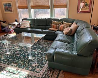 Large green leather sectional - well loved but still great for college apartments or basements