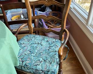 Set of 7 French Country wood dining chairs with rush seats - blue acanthus leaf cushions - 3 arm and 4 side