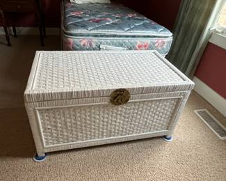 Vintage white wicker trunk with brass hardware - a smaller size NIB trunk is tucked inside this one