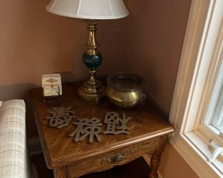 Pair end tables, pair brass lamps, brass accents