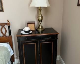 Pair black and wood bedside cabinets 