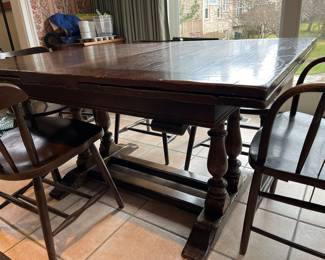 Wood extension table with 6 chairs - well made and perfect to paint for your own decor. Extends to 96” x 40”