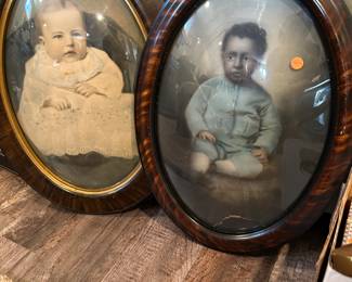 ANTIQUE OVAL PICTURES AND FRAMES WITH CURVED GLASS