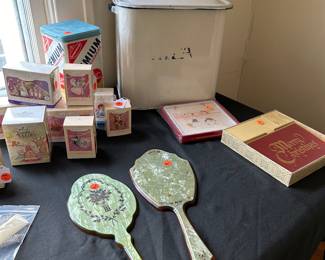 ANTIQUE HAND MIRRORS, GRANITEWARE BREAD BOX