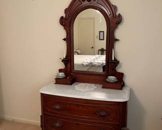 Antique, Ornate, Marble Topped Dresser & Mirror