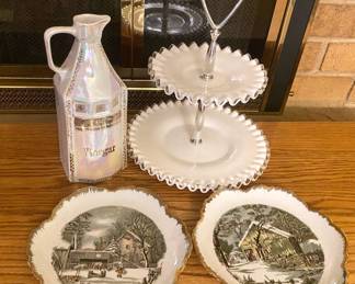 Fenton Silver Crest 2 Tiered Canape Tray, White Blocks Vinegar Jar