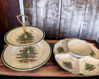 Christmas Tree Spode DipNChip Two Teared Canape Tray