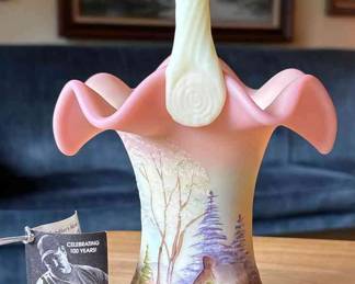 Signed Fenton Basket Cabin In The Woods