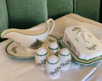 Christmas Tree Spode Sauce Boat, Butter Dish, S P