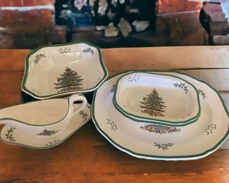 Christmas Tree Spode Platter, Veg. Dishes, Sauceboat