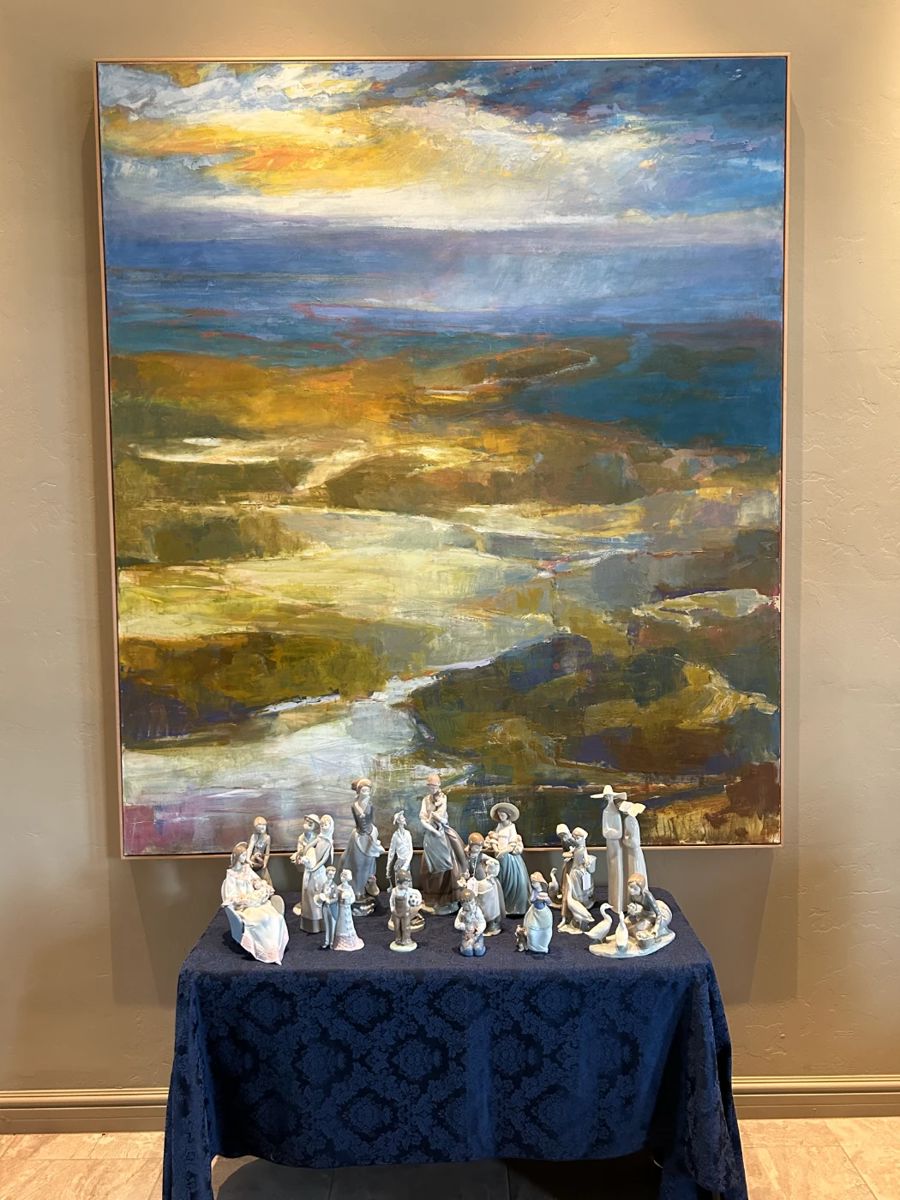 Canyon oil landscape by Patrick Adams and Lladro figurines.