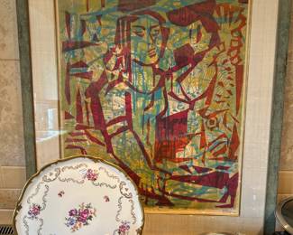 Alfredo Zalce limited edition print 46/60 "Vendedora de Pescado" plus an antique Amari pitcher and other cooking items.