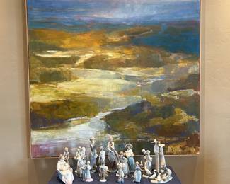 Canyon oil landscape by Patrick Adams and Lladro figurines.