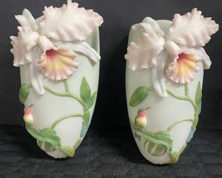 Pr Orchid & Hummingbird Wall Pocket Vases 