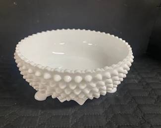 Milk Glass Hobnail Footed Bowl