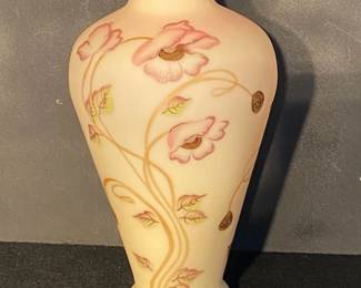 Fenton Burmese Vase- Poppies 13"-AS IS 