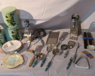 Vintage Kitchen tools and tins. Note Bakelite