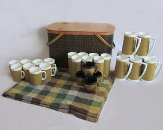Vintage 1962 picnic basket, thermal cups and picnic blanket (woven)--was wedding gift and lightly used then stored. In excellent condition