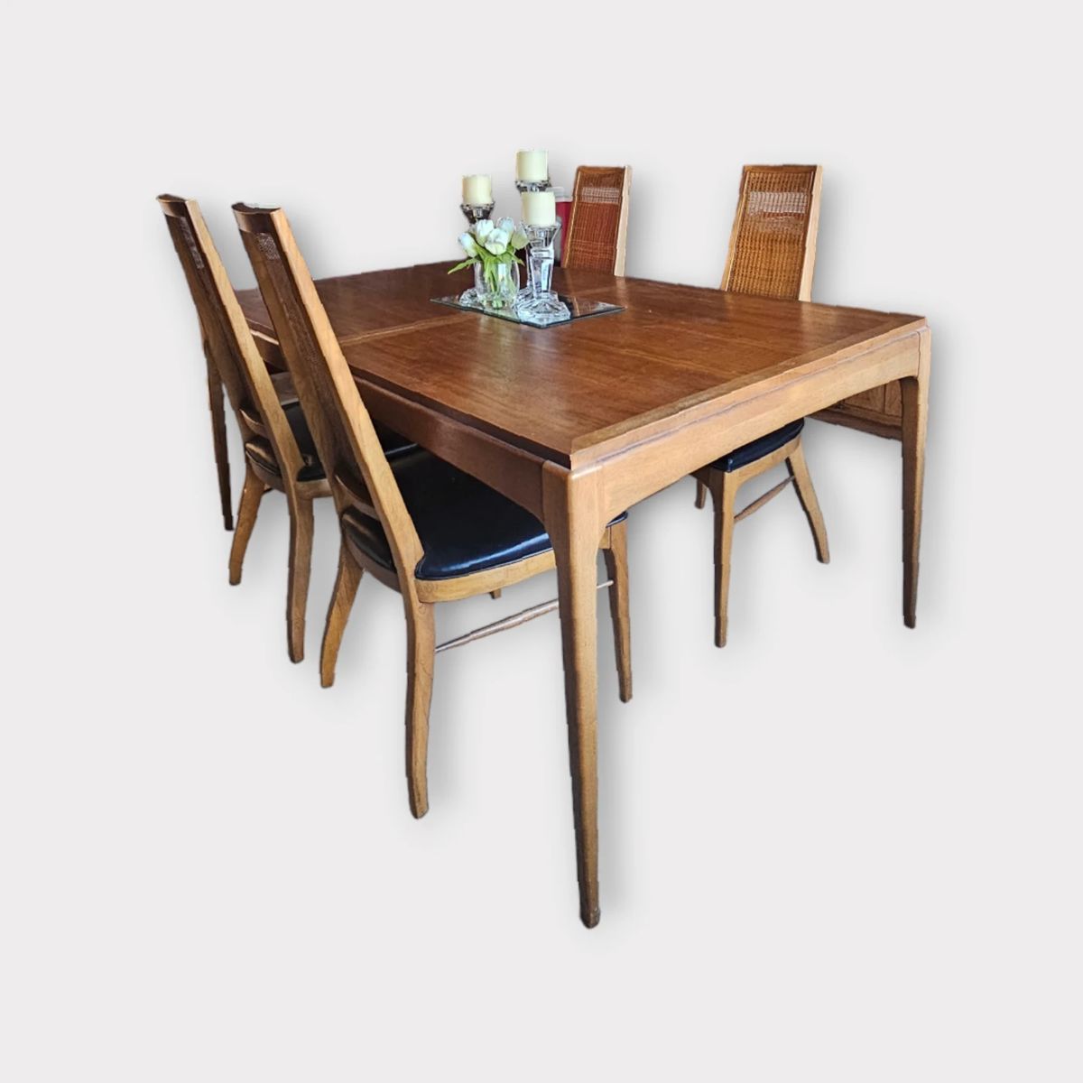 MCM Lane (Rhythm Collection) dining table extends with two leaves to 98".  Drexel cane back chairs - 2 armchairs and 6 side chairs.  NICE!!