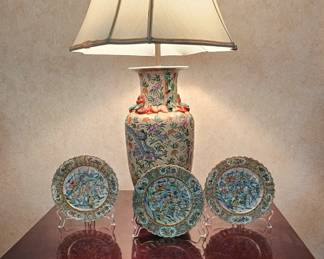Mahogany square vintage table.  Oriental lamp and plates