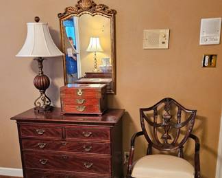 Batchelors 4 drawer chest, gilded mirror, Oriental Jewerly box with  brass trim,  Sheild back chair 