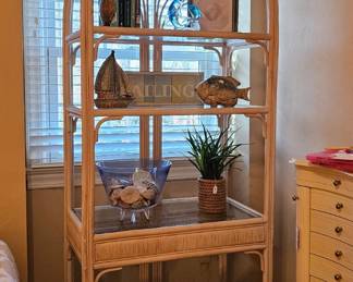 Vintage Rattan Etegere with glass shelves