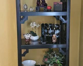 Black lacquer chippendale 3 shelf etegere
