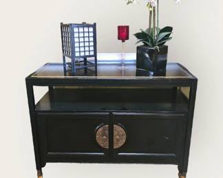 Black lacquer console table/serer with brass trim and inlay 
