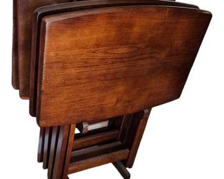 Set of heavy wooden tv trays in stand