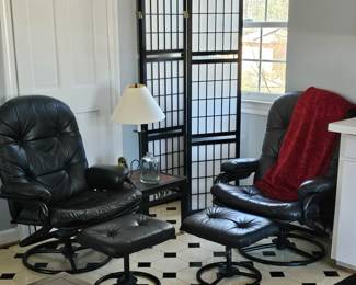 Pair of leather stressless chairs with ottomans and Shoji 4 panel screen