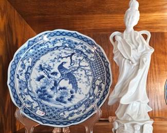 Blue and white porcelain "Peacock" design.  Ceramic Geisha Girl