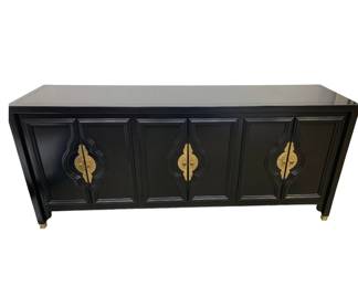 Fabulous Oriental  influence Black lacquer credenza cabinet with brass trim and pulls. 74 x 19 - GREAT for that 65" TV!