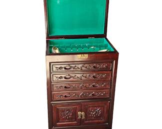 Extraordinary 4 drawer Chinese hand carved Silver Chest.  Felt lined, brass trim. 