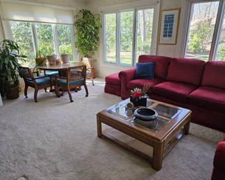 Vintage oak and glass insert coffee table with cane shelf